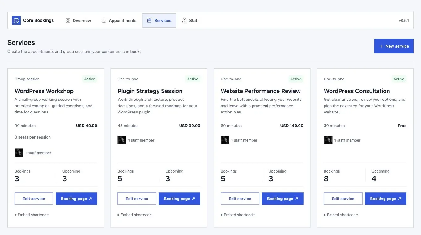 Core Bookings service cards with duration, session pricing, capacity, staff, and booking counts