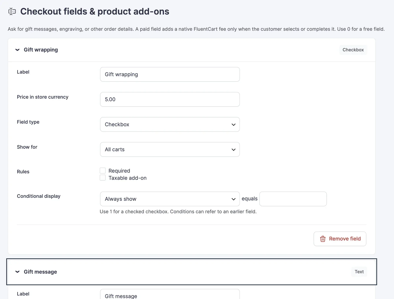 Gift wrapping checkbox field with price, cart scope and conditional settings