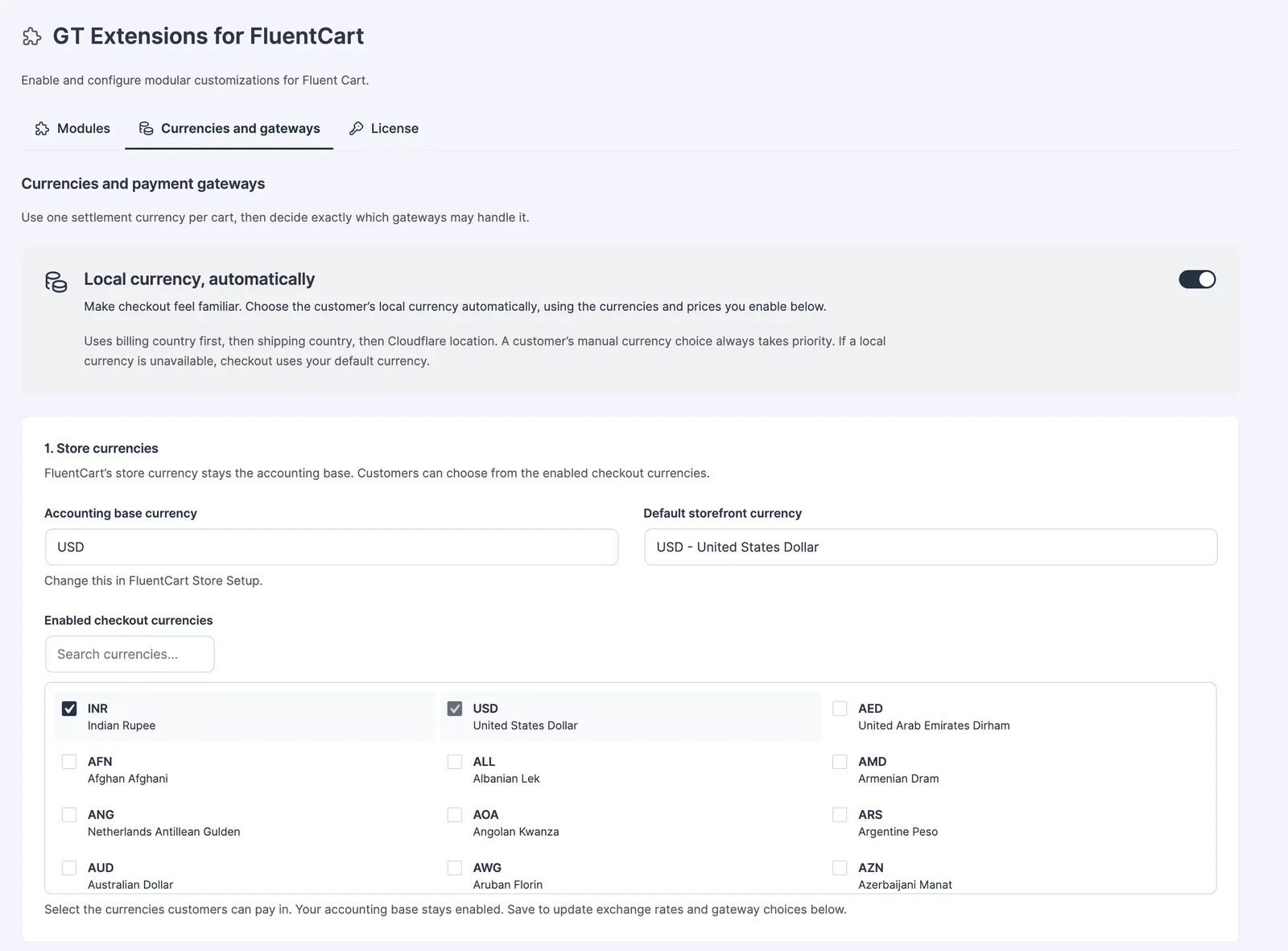 Automatic local currency and enabled store currency settings