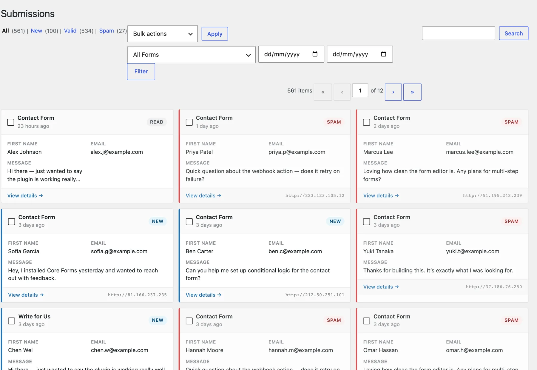 Core Forms submissions list with sample contact entries and spam filters