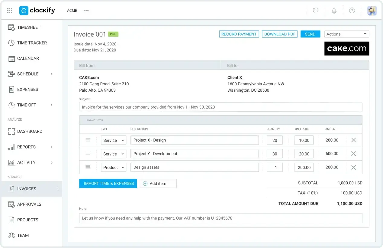 Clockify invoice editor with time and expense import, invoice lines and payment controls.