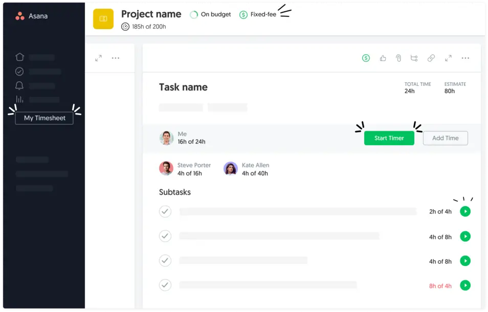 Everhour timer, logged hours and task estimates inside an Asana project.