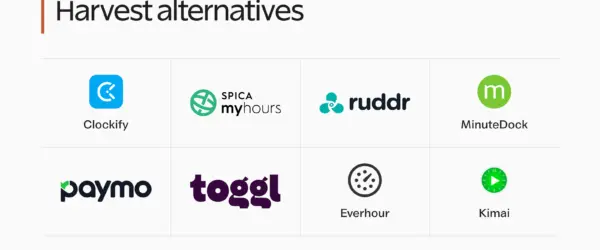 Logos of Clockify, My Hours, Ruddr, MinuteDock, Paymo, Toggl, Everhour and Kimai.