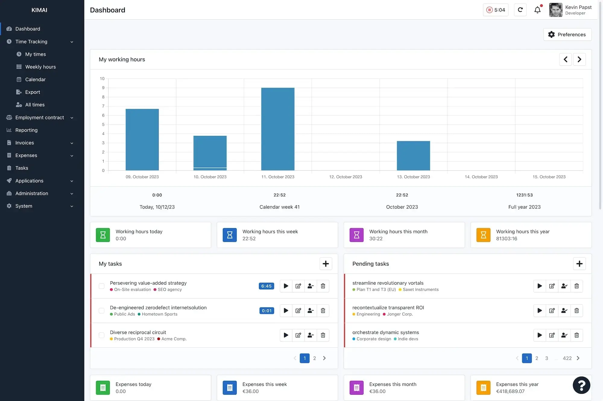 Kimai dashboard with weekly working hours, project tasks and reporting navigation.