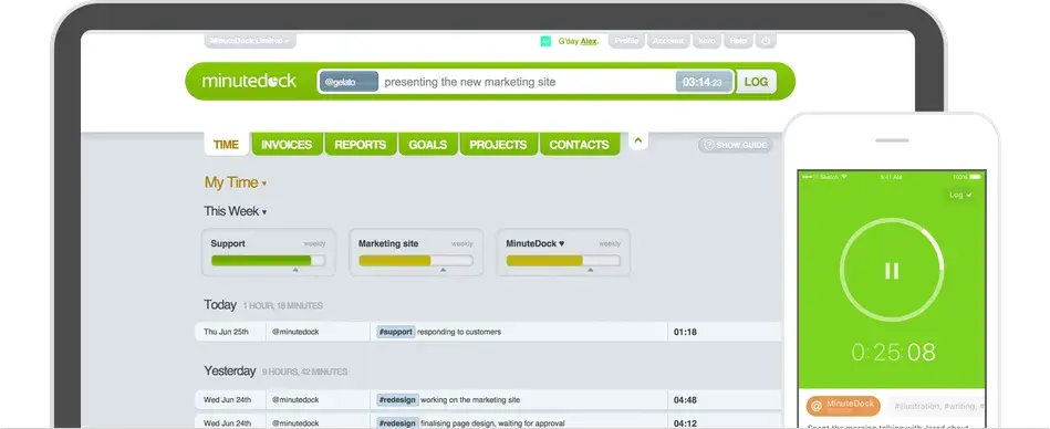 MinuteDock time entries on desktop alongside its mobile timer.