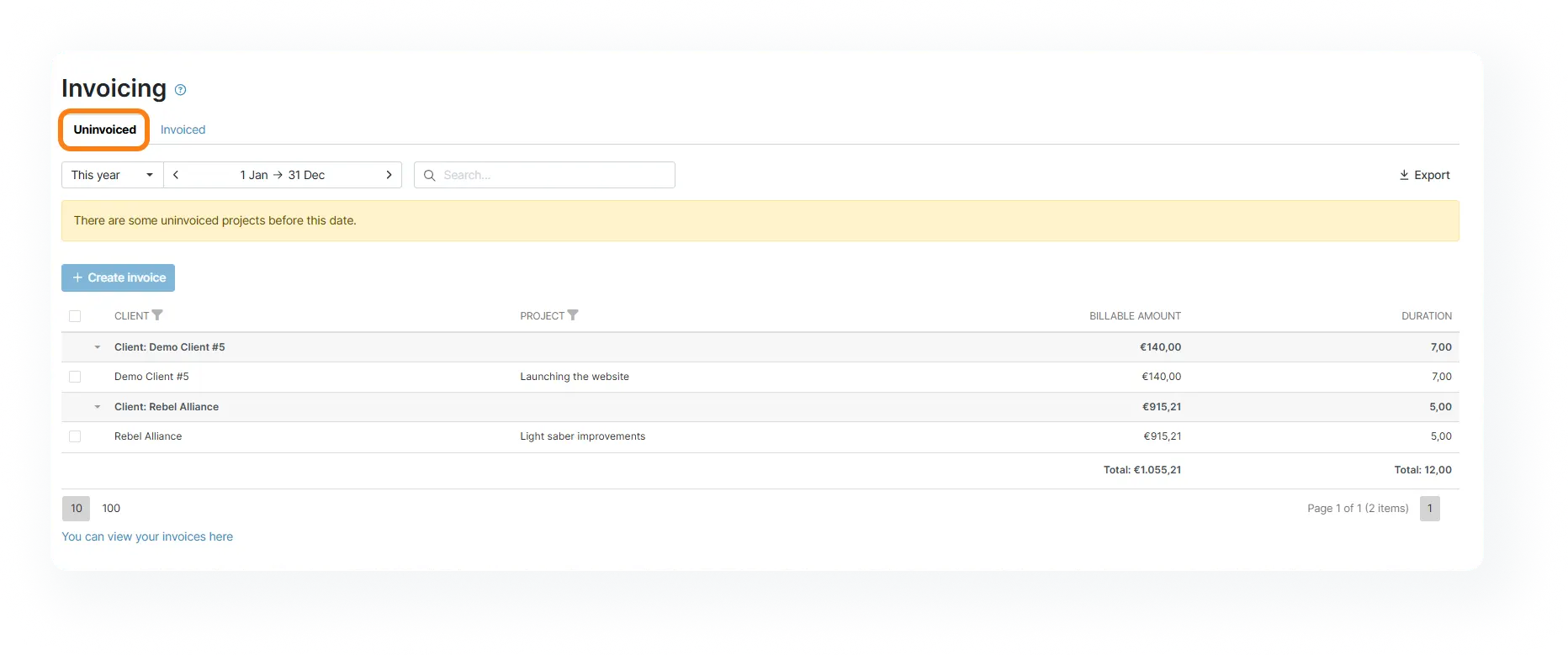 My Hours Uninvoiced view listing clients, projects, billable amounts and time durations.
