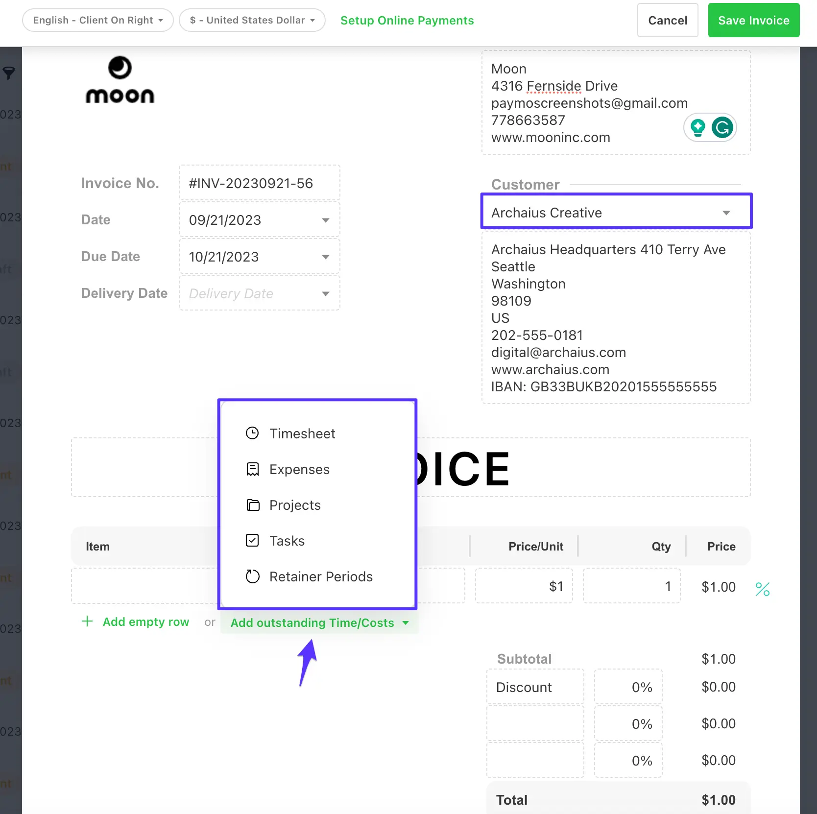 Paymo invoice editor with the Add outstanding Time/Costs menu open.