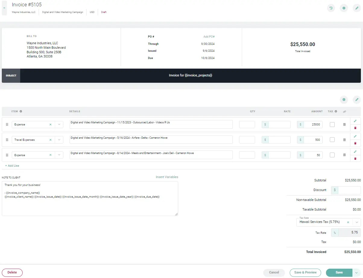 Ruddr draft invoice showing expense line items, tax settings and an invoice total.