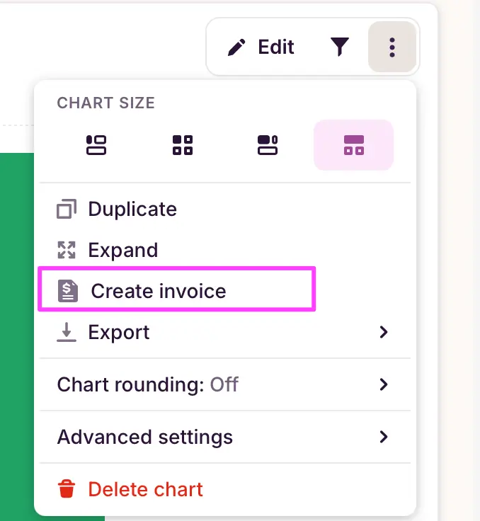 Toggl report menu with the Create invoice command highlighted.