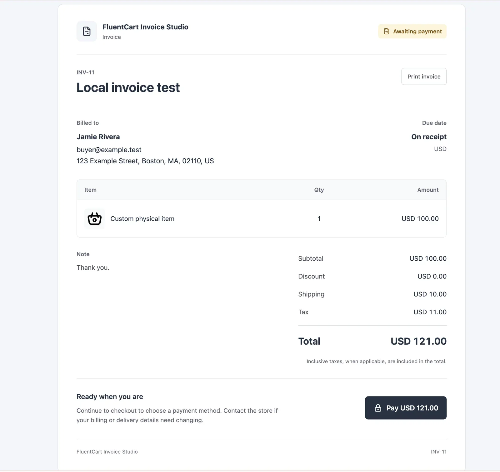 Customer invoice preview with awaiting-payment badge, line item and payment button