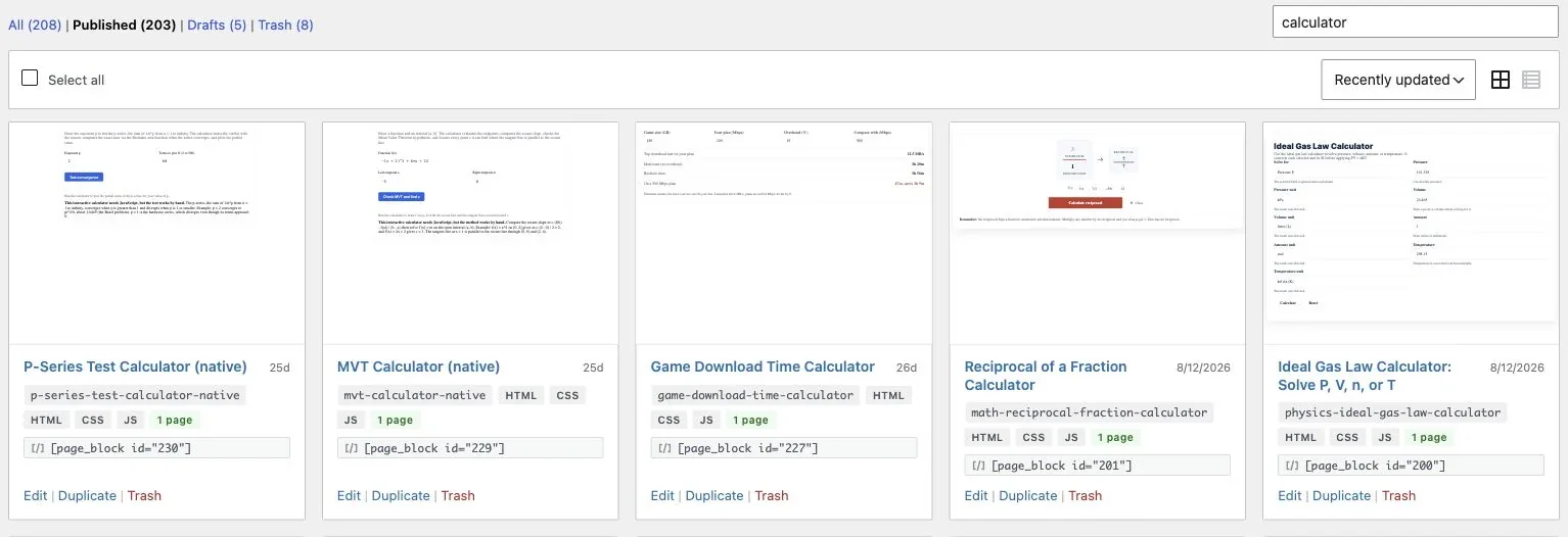 Published Page Blocks library with search, sorting, live thumbnails, usage counts, and shortcode controls