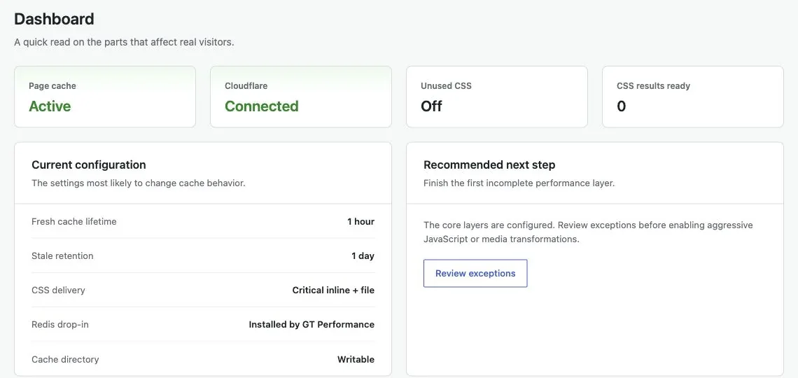 GT Performance dashboard with page cache active, Cloudflare connected, unused CSS off, and Redis installed