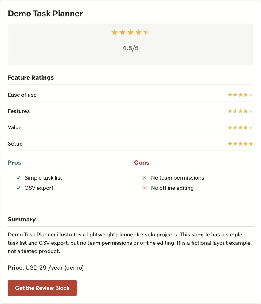 GT ACF Blocks product review example in WordPress