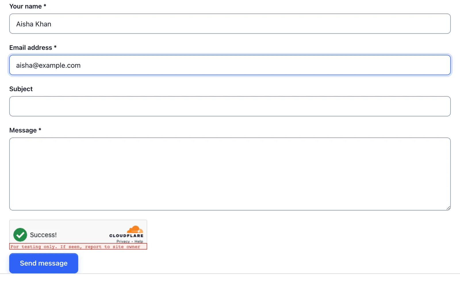 Core Forms contact form with sample details and a Turnstile test widget