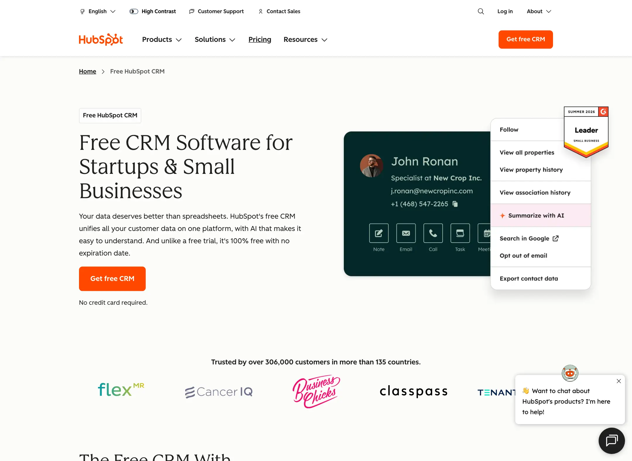 HubSpot free CRM page with the headline Free CRM Software for Startups and Small Businesses, a Get free CRM button and the note No credit card required