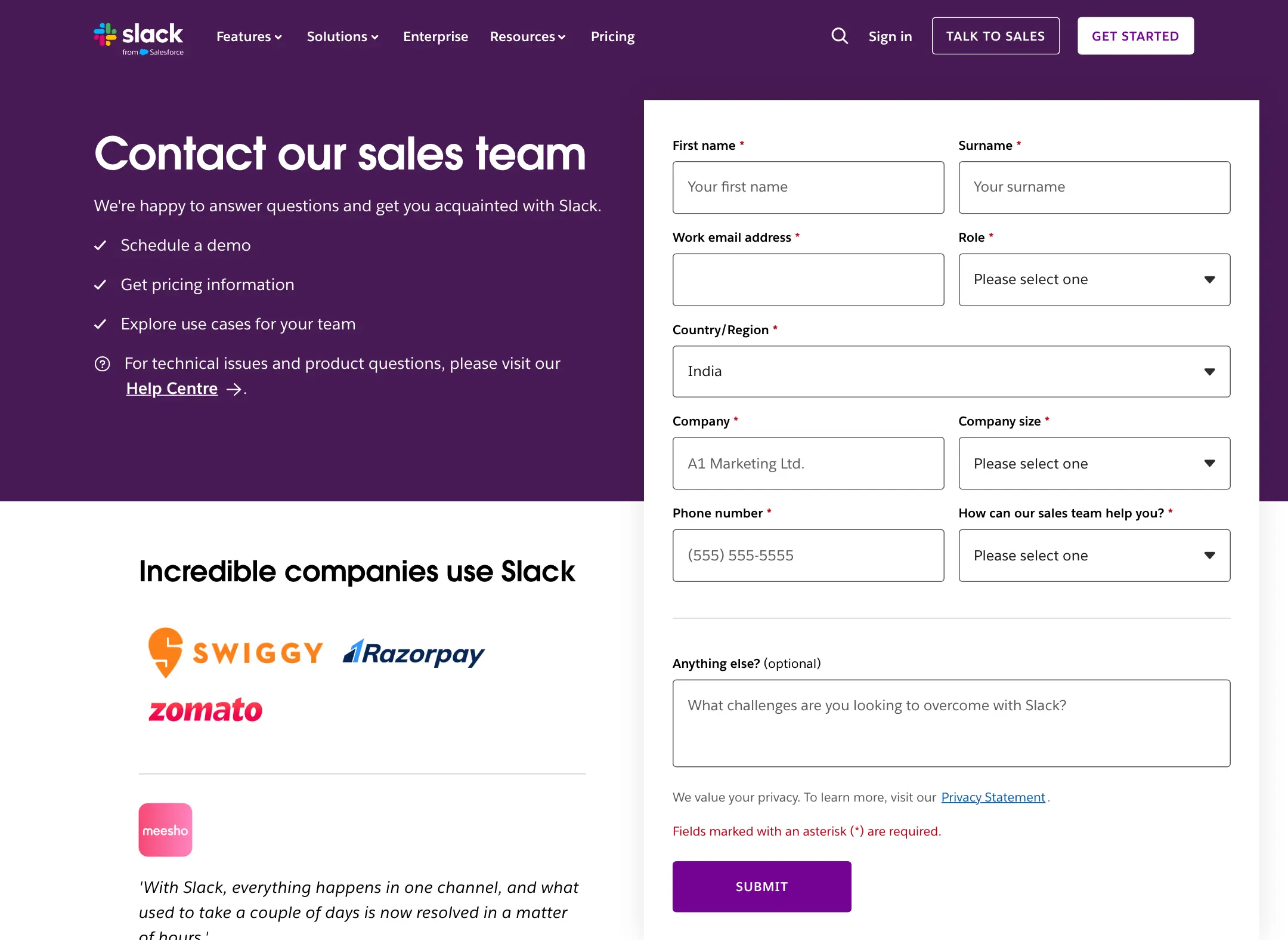Slack contact sales page explaining that sales can help with a demo or pricing, with a form asking for business details such as company size