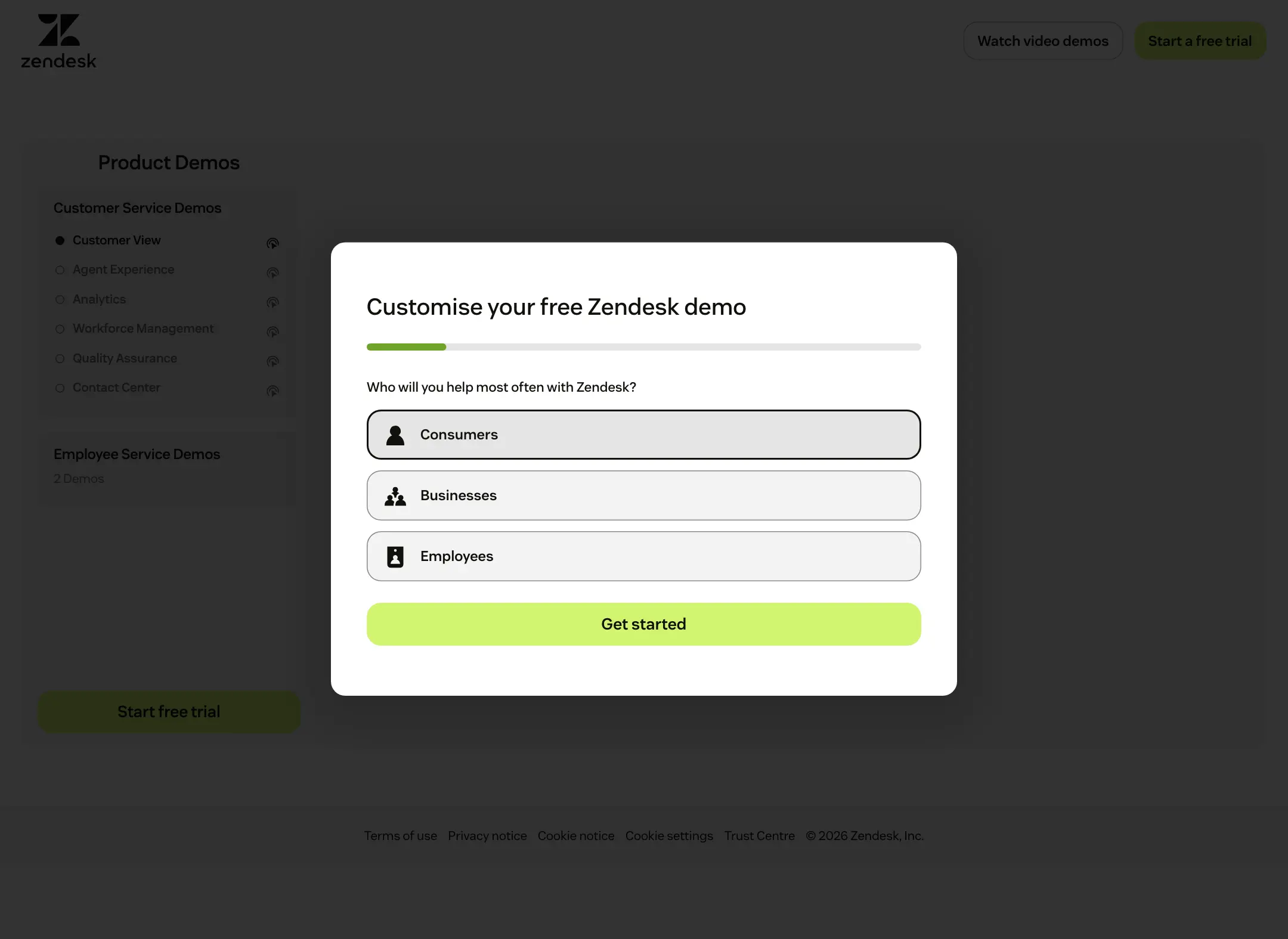 Zendesk demo page asking who the visitor helps, with choices for consumers, businesses and employees