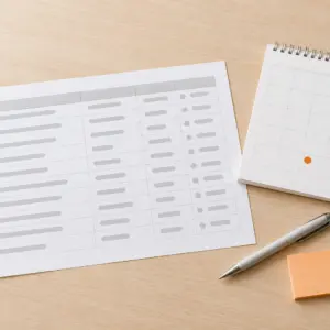 A printed content plan with four rows marked in orange beside a desk calendar with three marked days, a pen and sticky notes