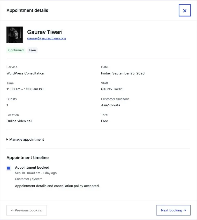 Core Bookings appointment details with customer information, status and activity timeline