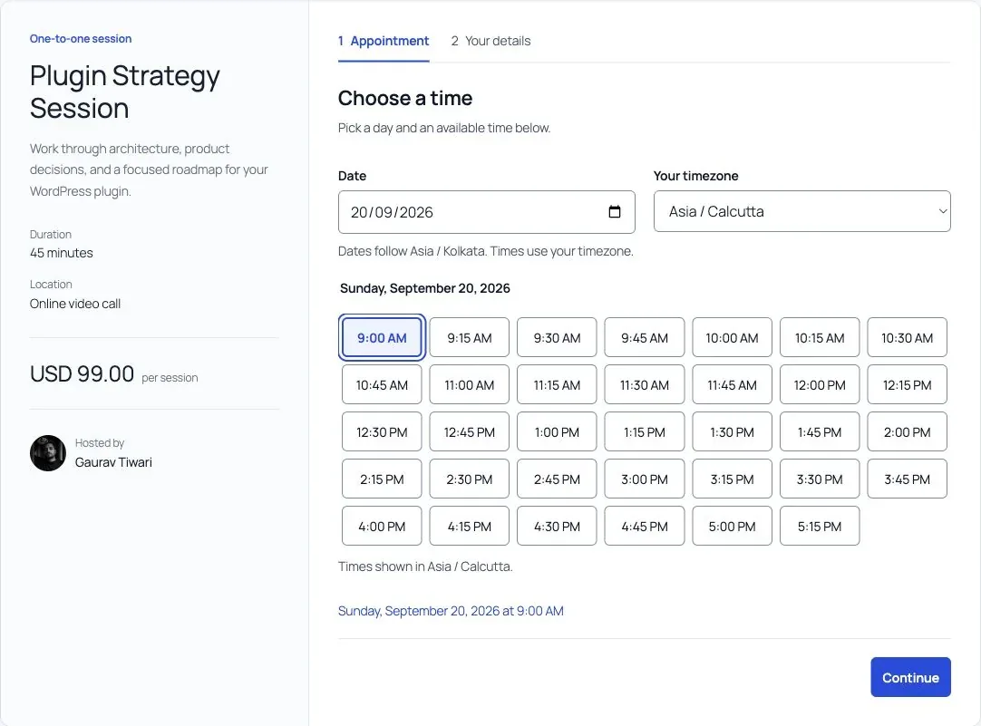 Booking page with service details, host, timezone selection and available times
