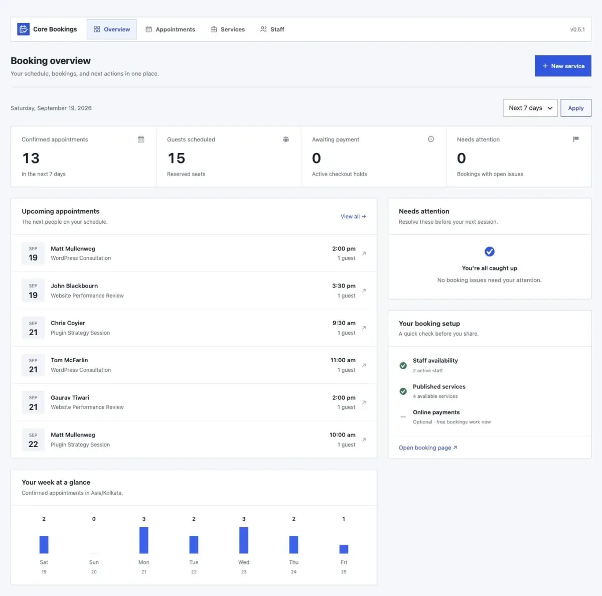 Core Bookings dashboard showing upcoming appointments, booking totals and the weekly schedule