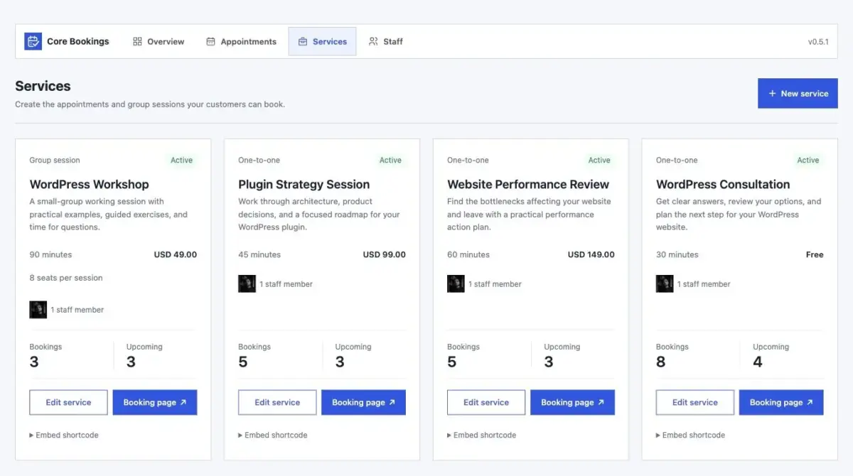 Core Bookings service cards with duration, session pricing, capacity and staff