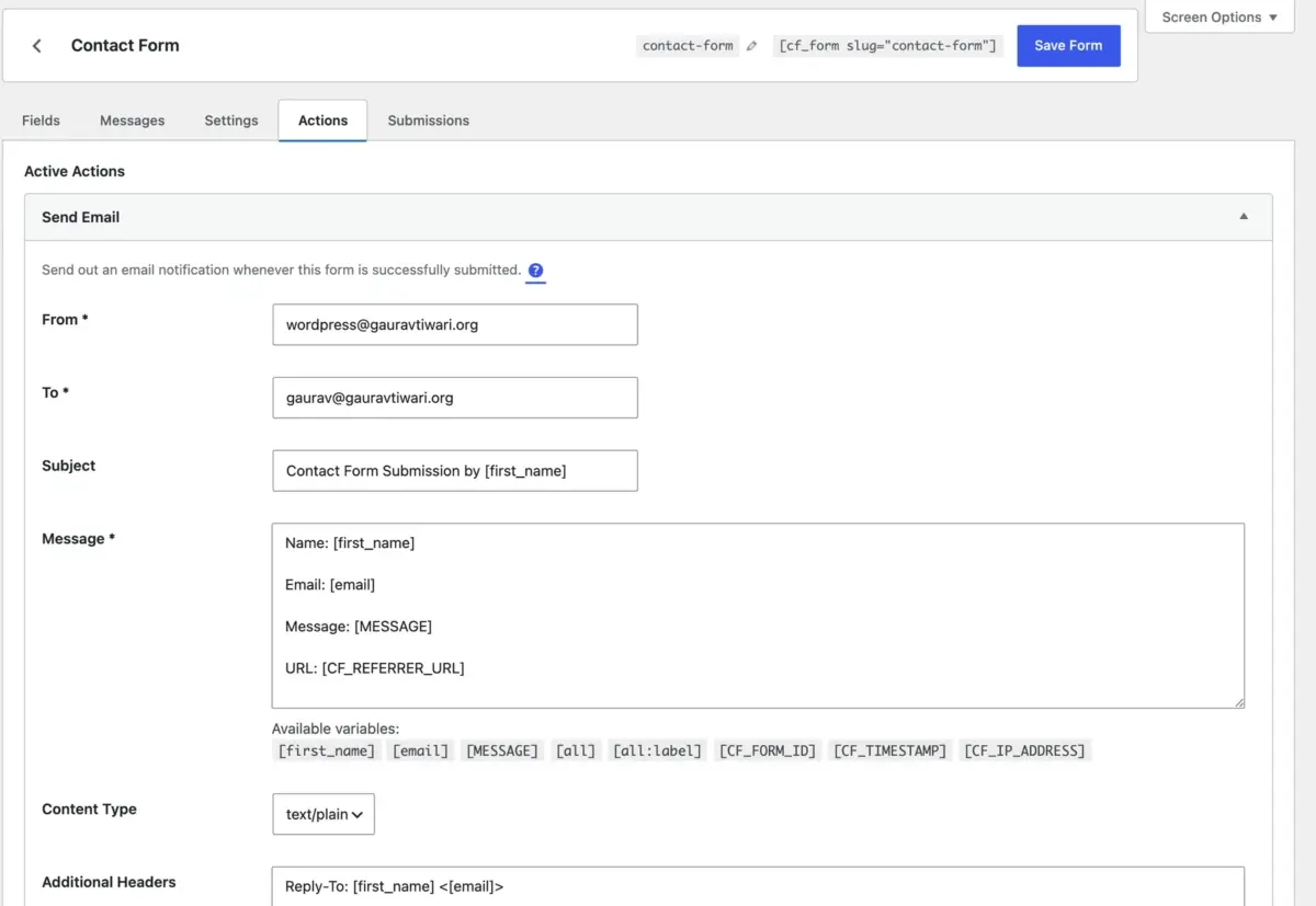 Core Forms actions and integrations panel for a form
