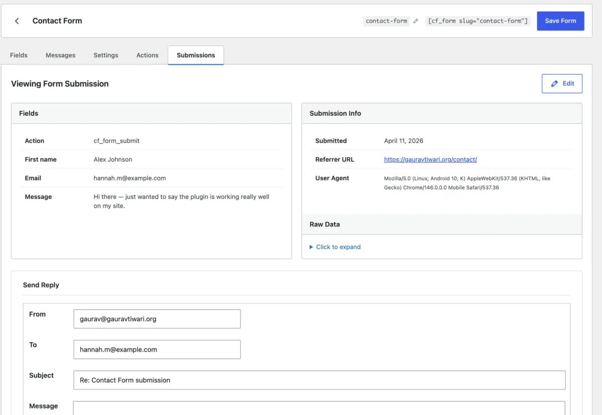 Core Forms submission detail with fields and metadata