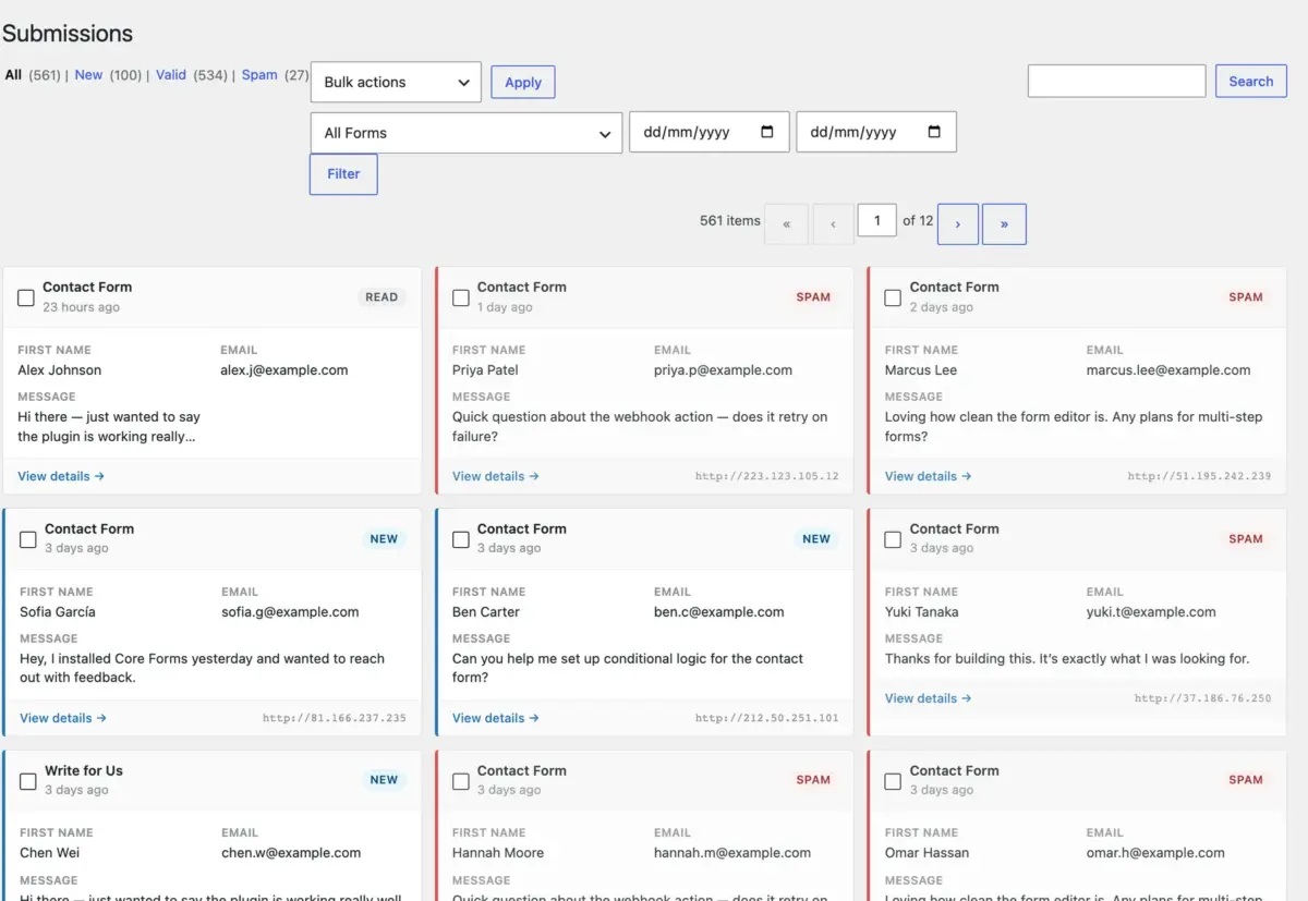 Core Forms submissions inbox listing entries in WordPress
