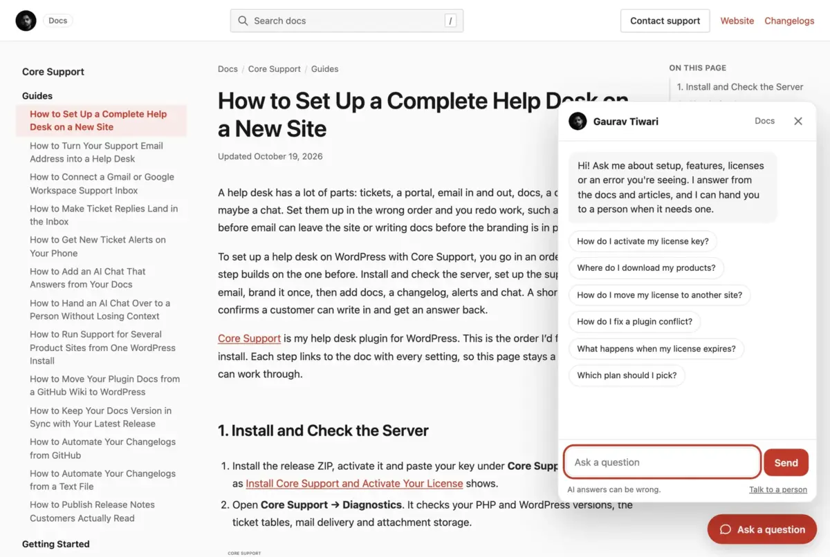 AI chatbot open on a docs page with suggested questions and a Talk to a person option