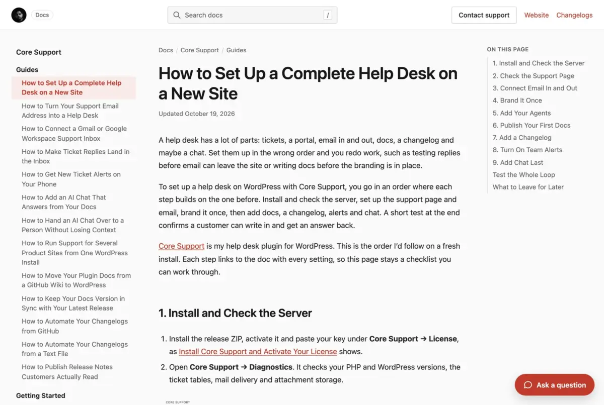 Core Support knowledge base guide with search, a sidebar of guides and a page outline