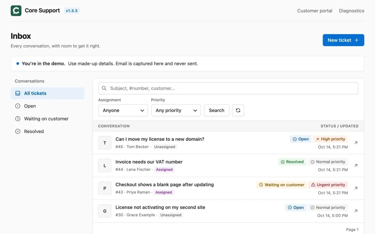 Core Support helpdesk inbox with status, priority and assignment on every conversation