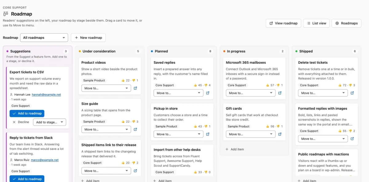 Core Support roadmap board with readers' suggestions beside each stage