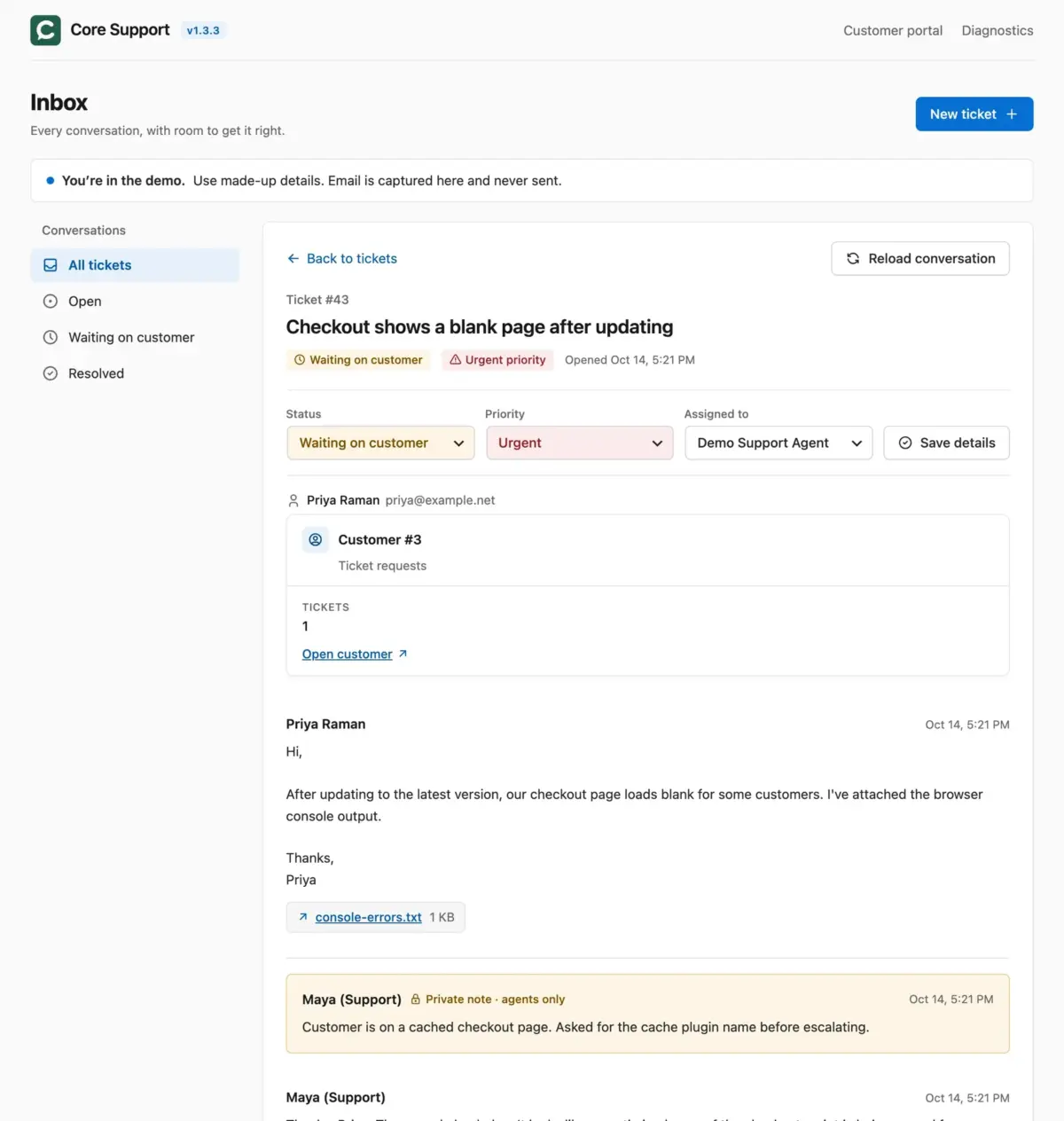 Core Support ticket thread with customer record, attachments and private notes