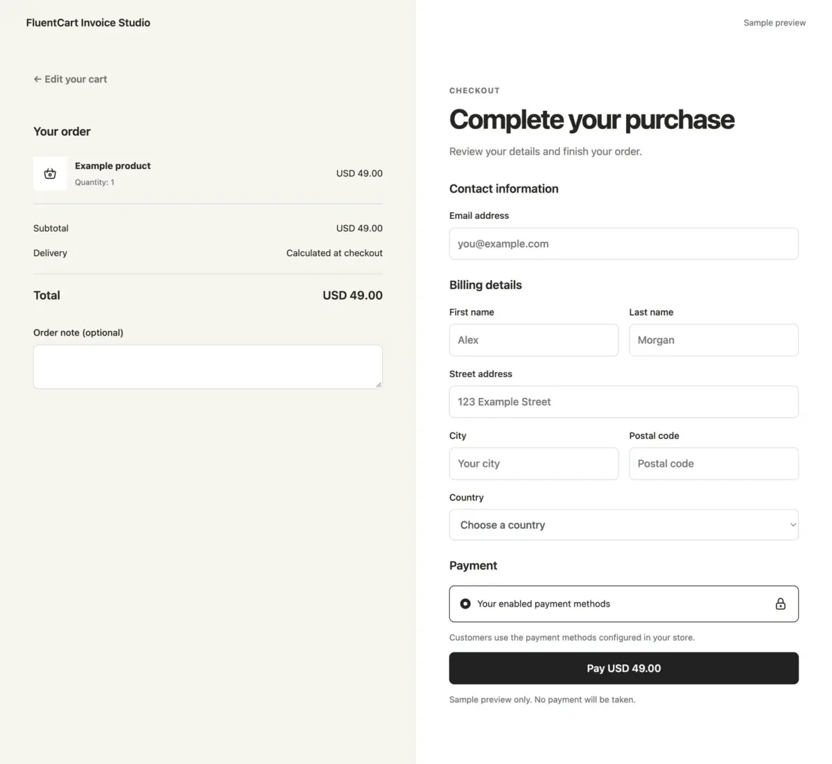 Warm Split checkout design with an order panel beside a spacious white checkout