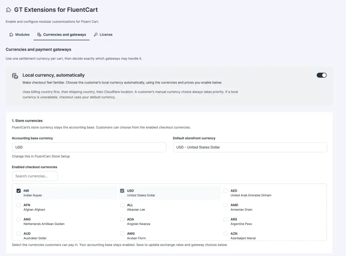 GT Extensions currency settings