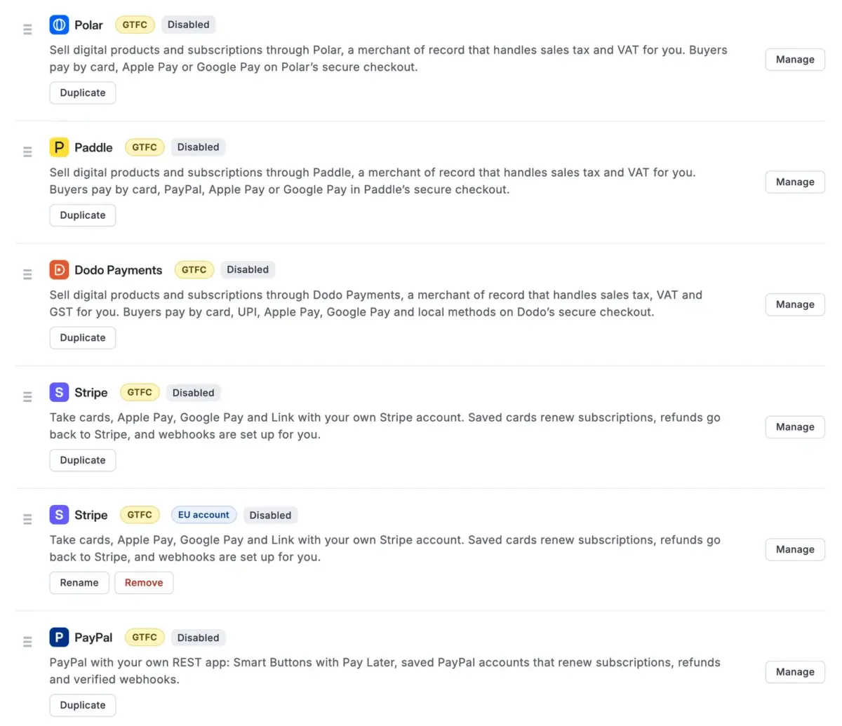 FluentCart Payments screen listing Polar, Paddle, Dodo Payments, Stripe and PayPal gateways
