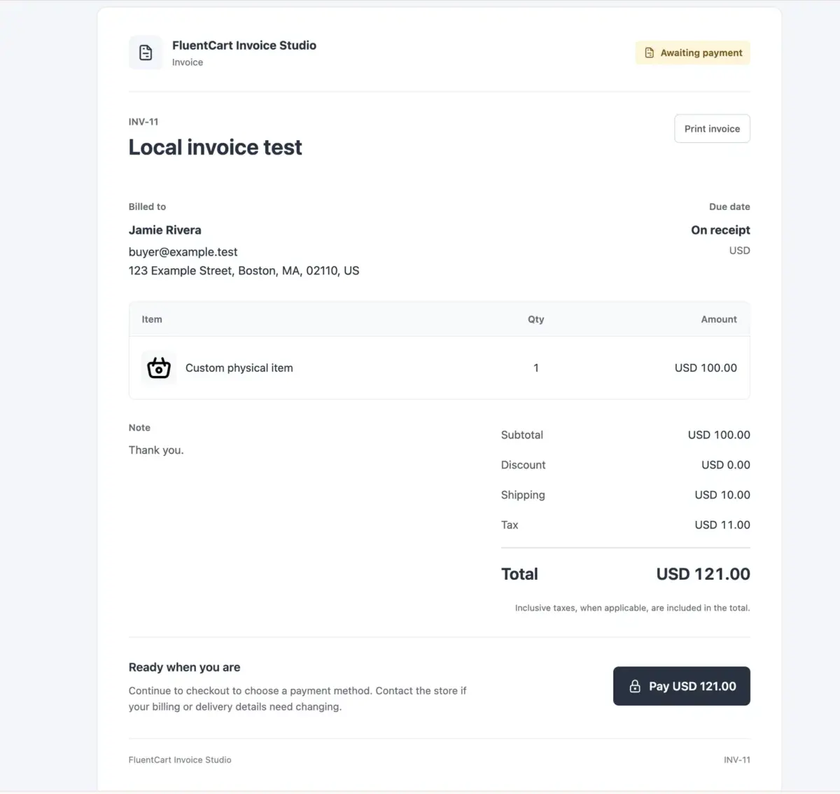 Customer invoice preview with awaiting-payment badge, line item and payment button
