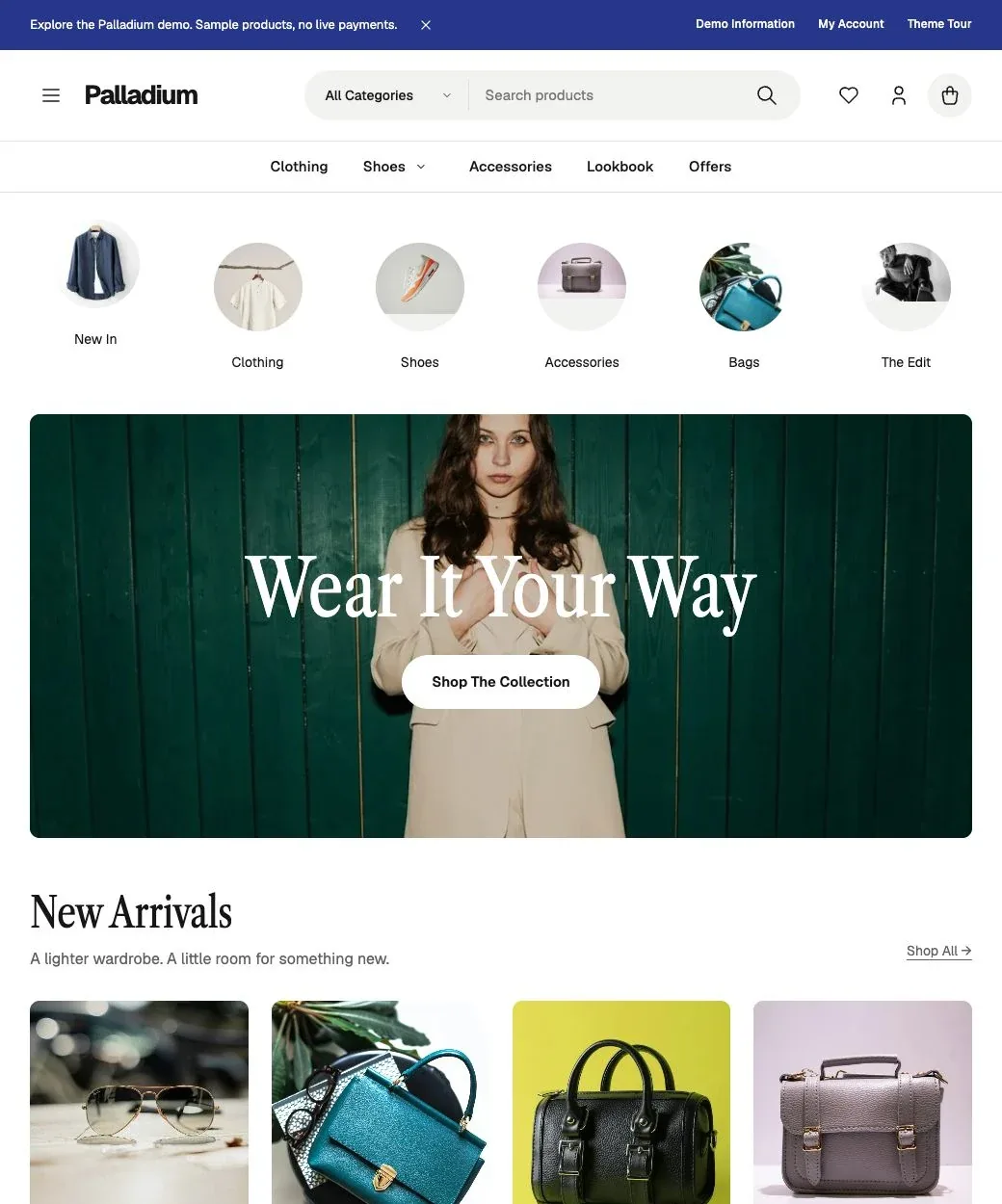 Palladium fashion storefront with category navigation, an editorial hero and new arrivals