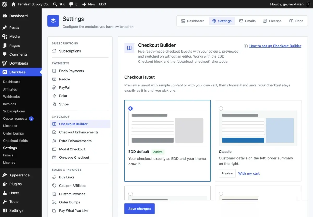 Stackless for EDD checkout builder with ready-made layouts