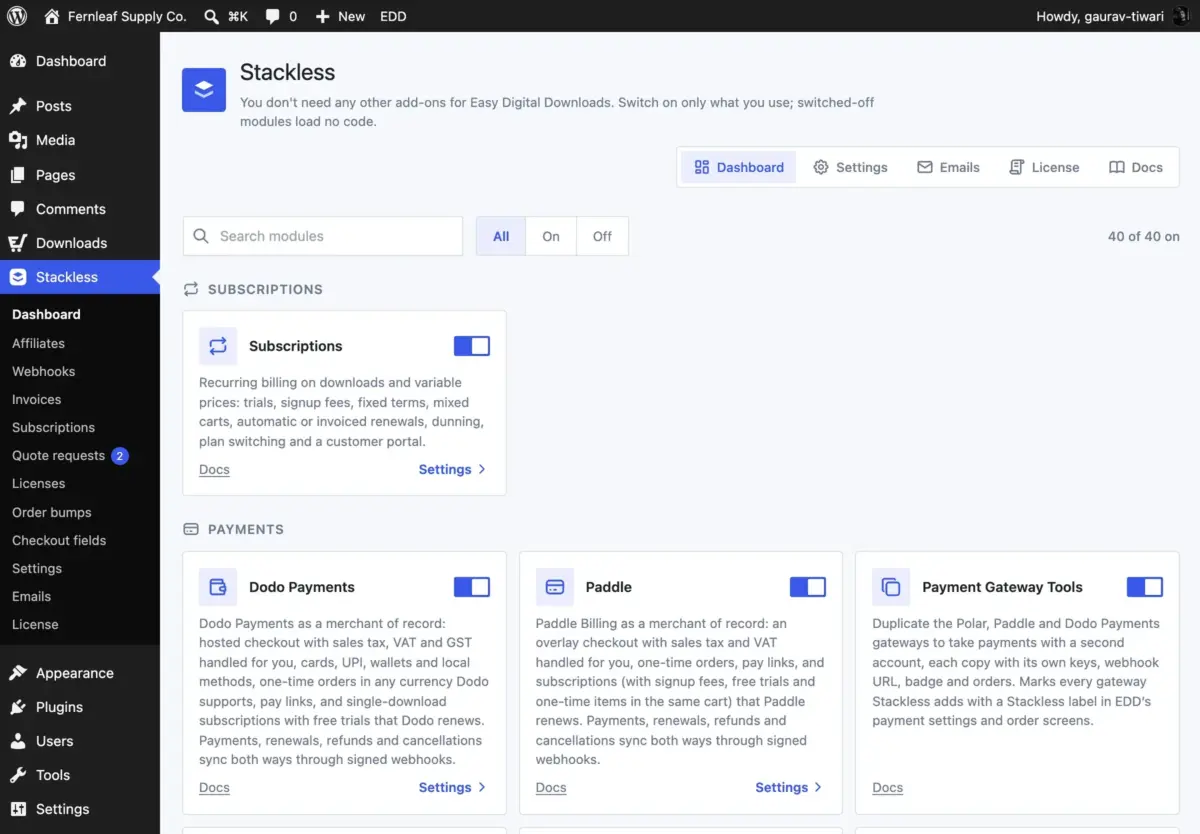 Stackless for EDD dashboard with every module on its own switch
