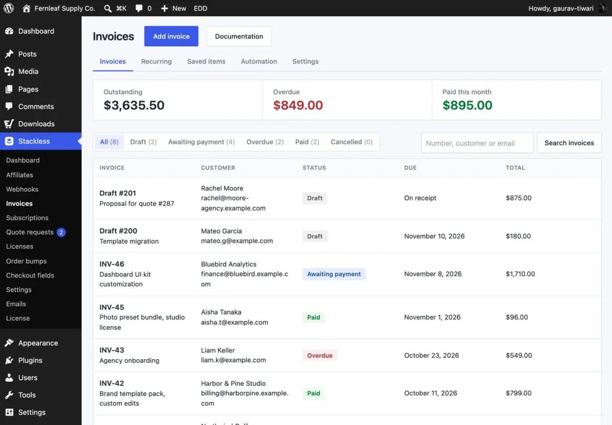 Stackless for EDD invoice list with outstanding, overdue and paid totals