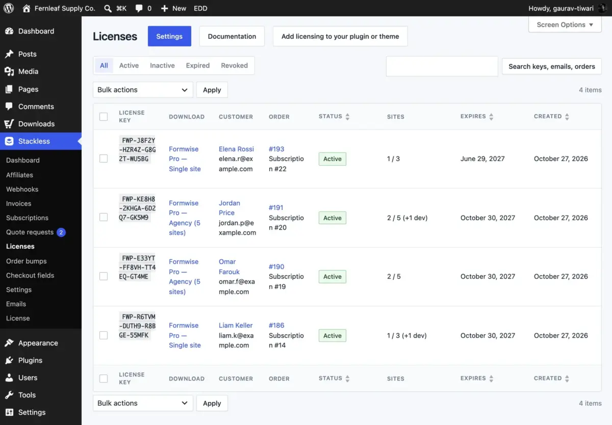 Stackless for EDD license keys with site limits, dev sites and expiry