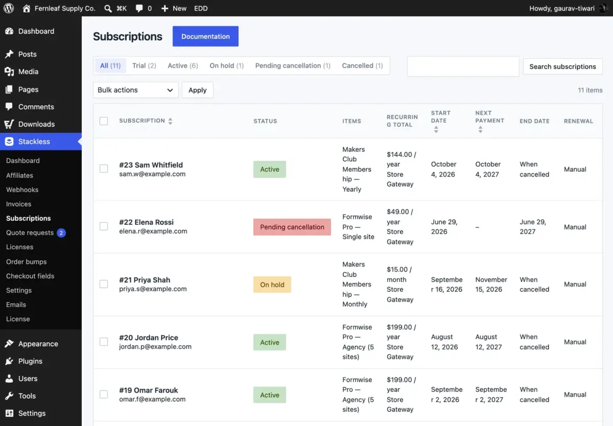 Stackless for EDD subscriptions list with status, recurring total and next payment