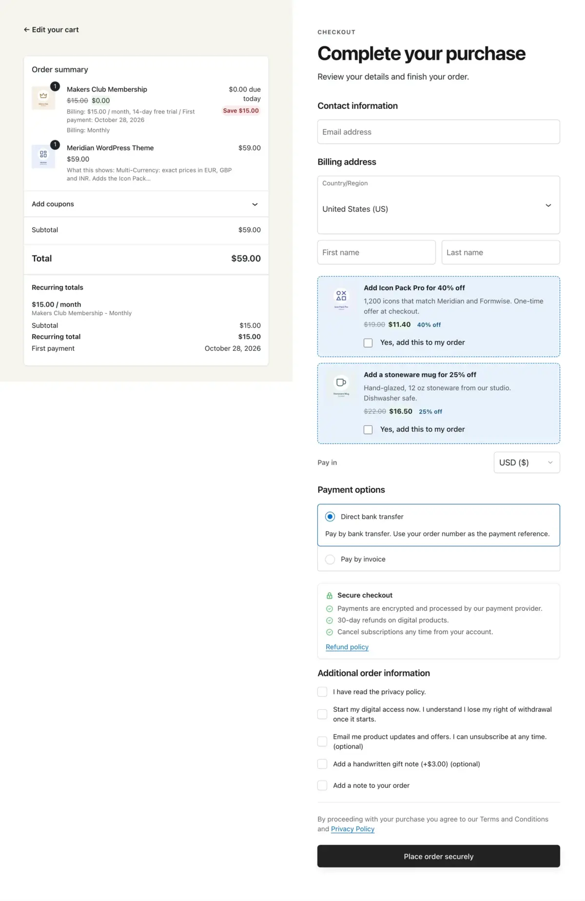 WooCommerce block checkout with recurring totals, order bumps and currency choice