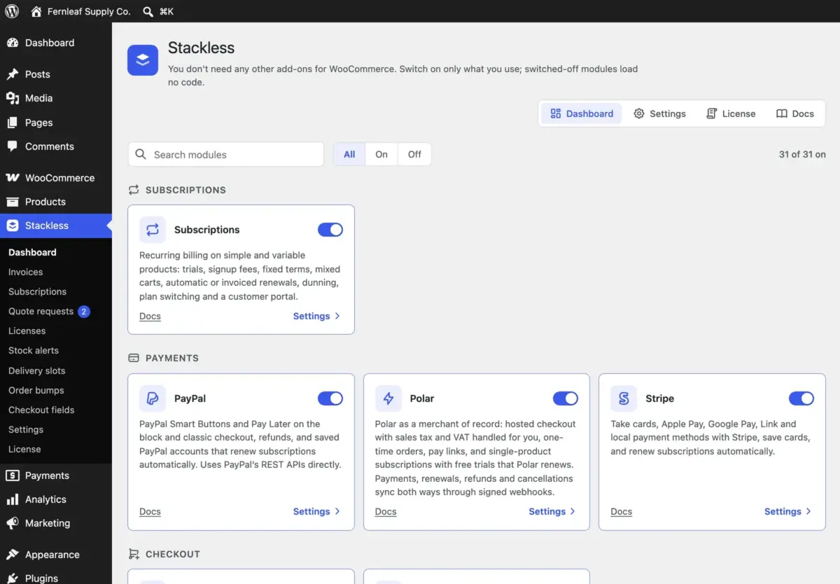 Stackless dashboard with every module on its own switch