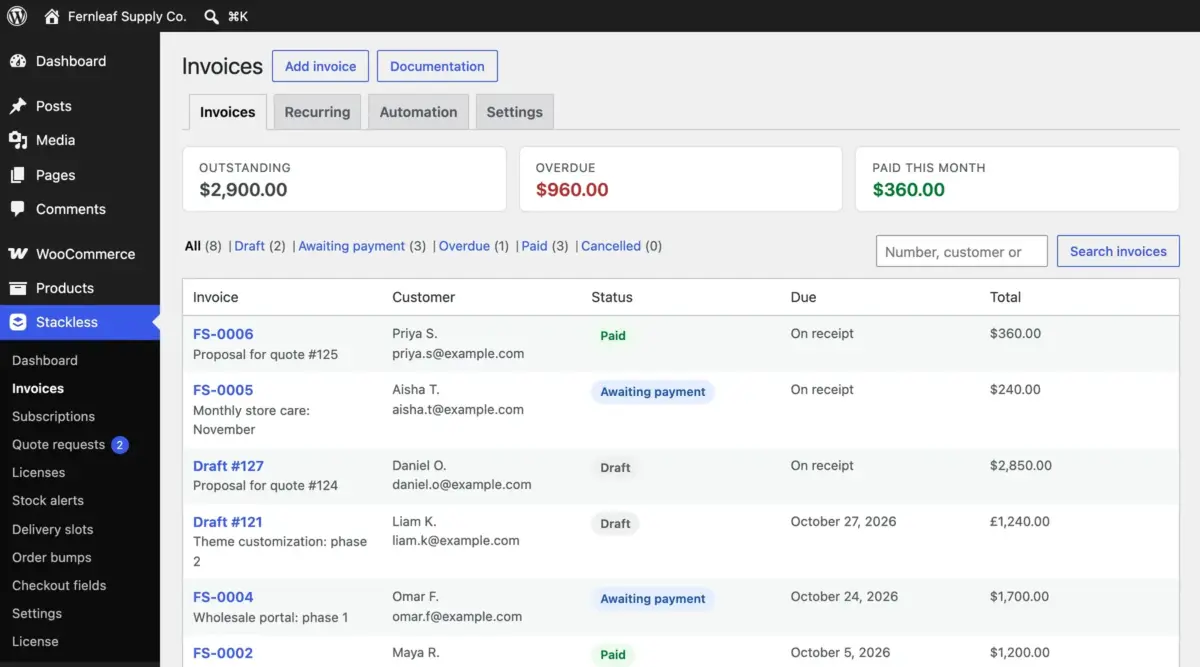 Stackless invoice list with outstanding, overdue and paid totals