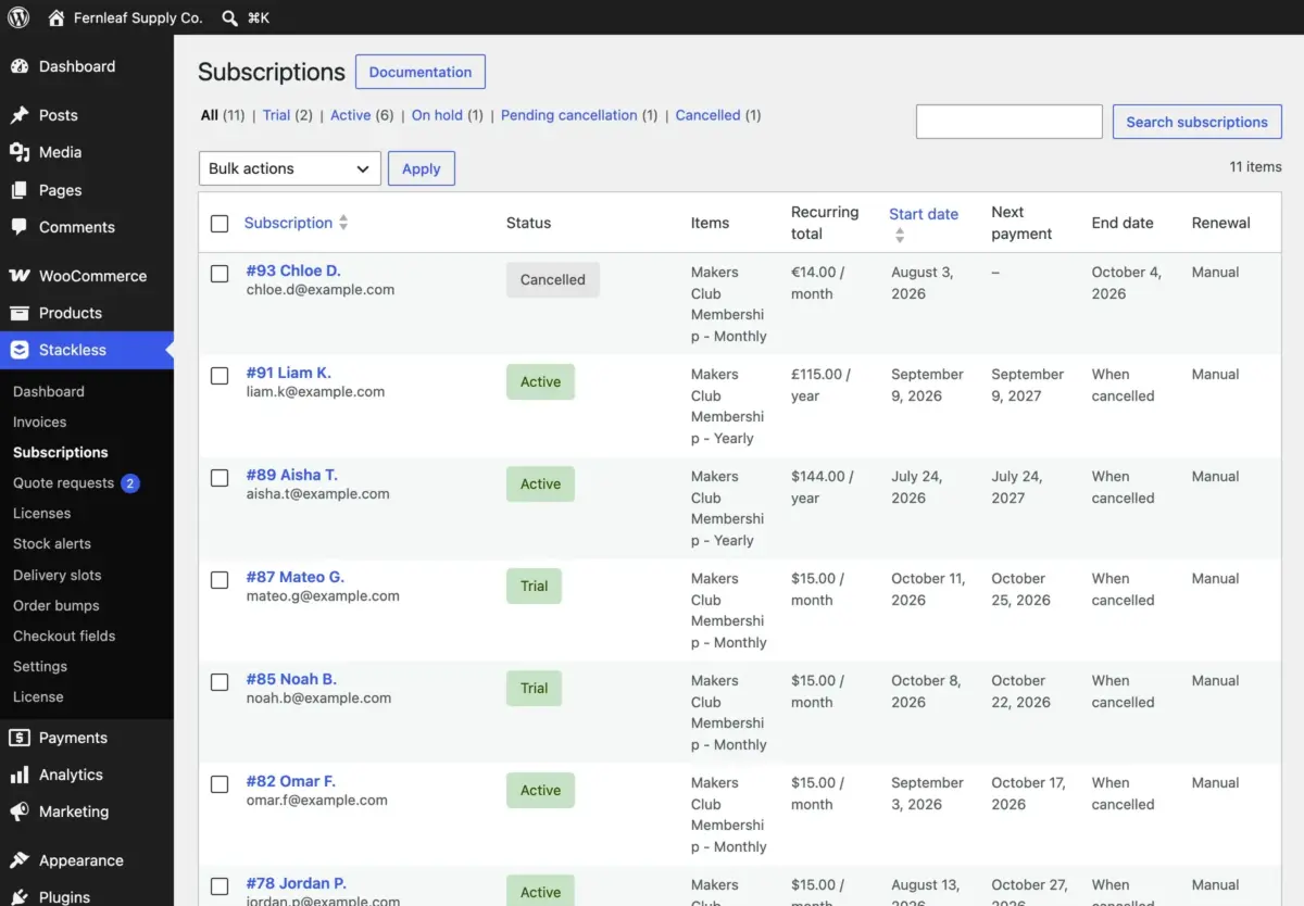 Stackless subscriptions list with status, recurring total and next payment