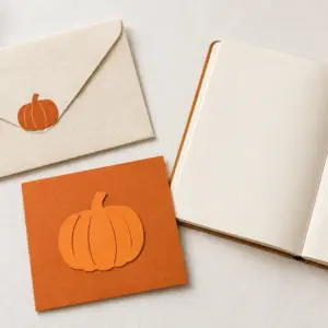 An envelope with a pumpkin seal, a campaign card and an open planning notebook.