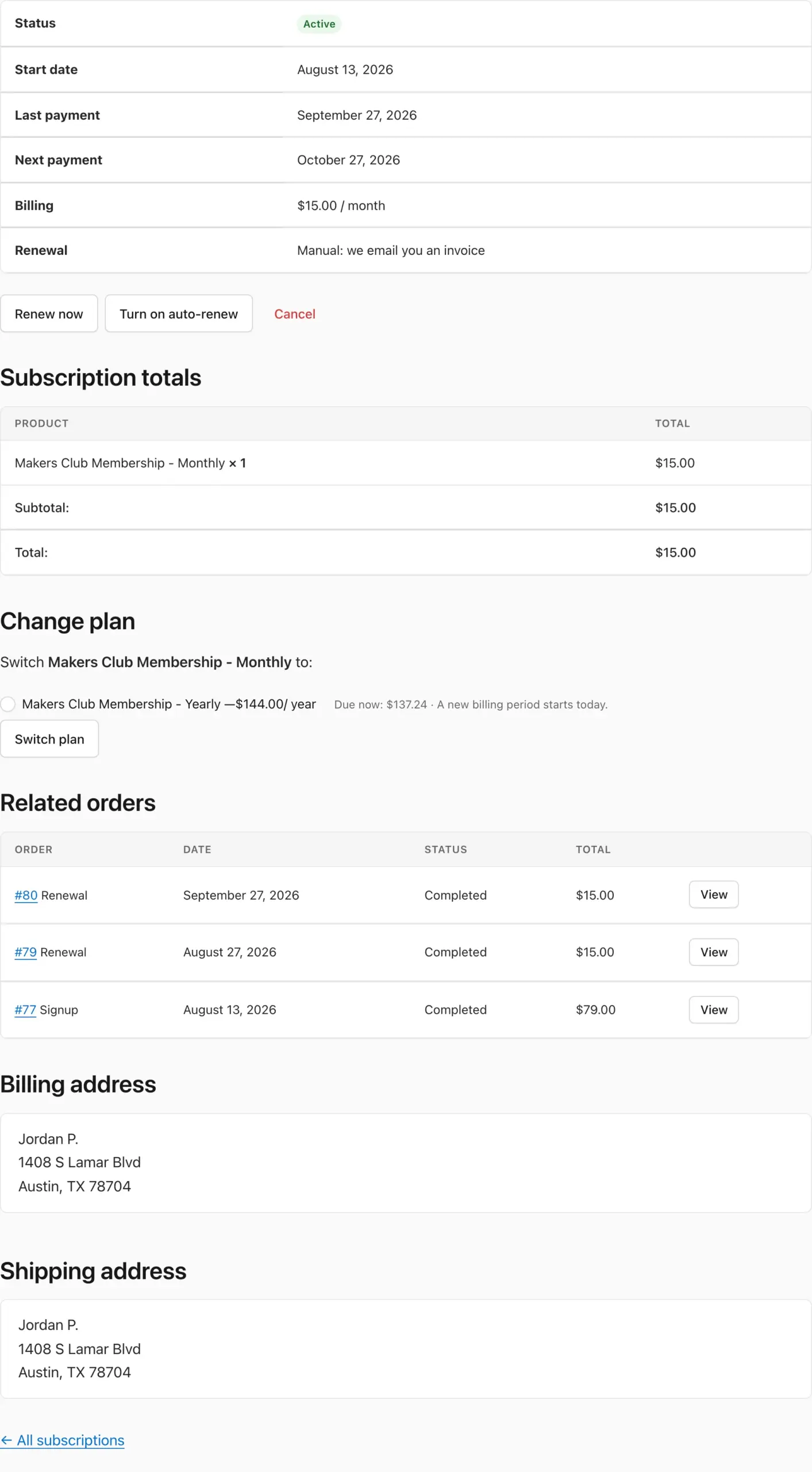 Customer My Account subscription page with status, billing details, renew now, auto-renew and cancel buttons, a plan switch option and related orders